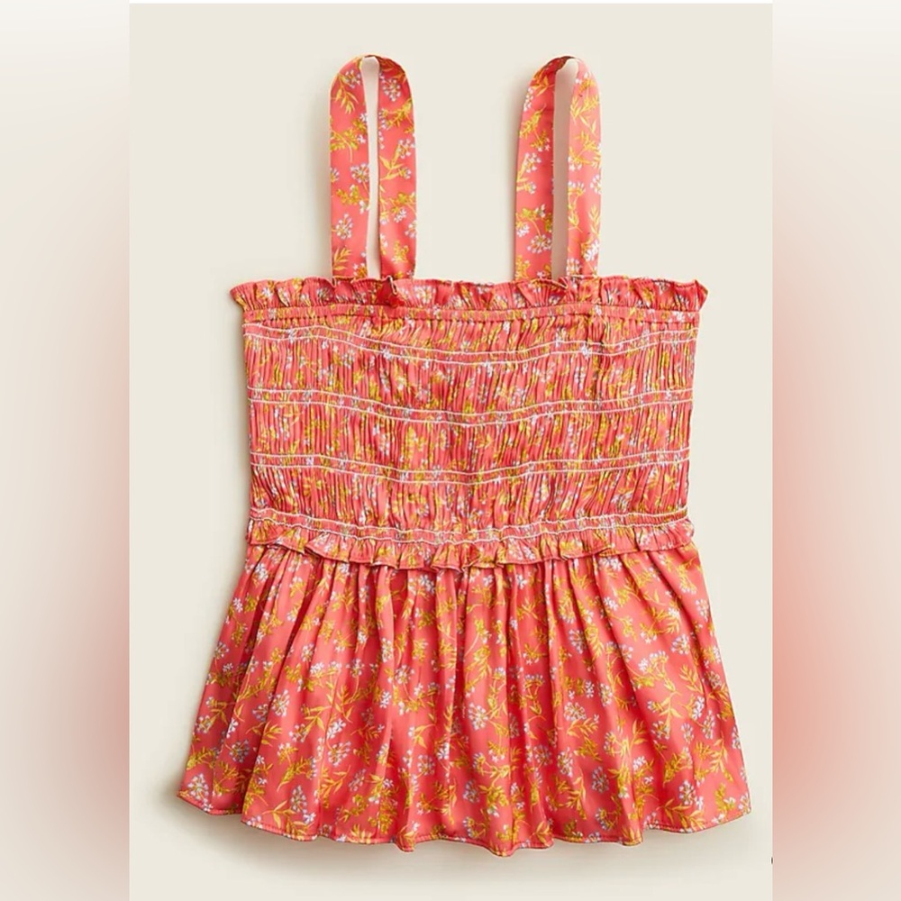 J. Crew Smocked Featherweight Satin Women’s Size L Coral Meadow Floral Tank Top - Picture 1 of 13